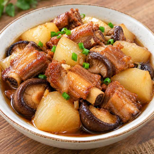 Sườn non kho củ cải, nấm hương.