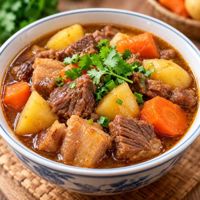 Thịt bò, thịt lợn hầm khoai tây, cà rốt.
